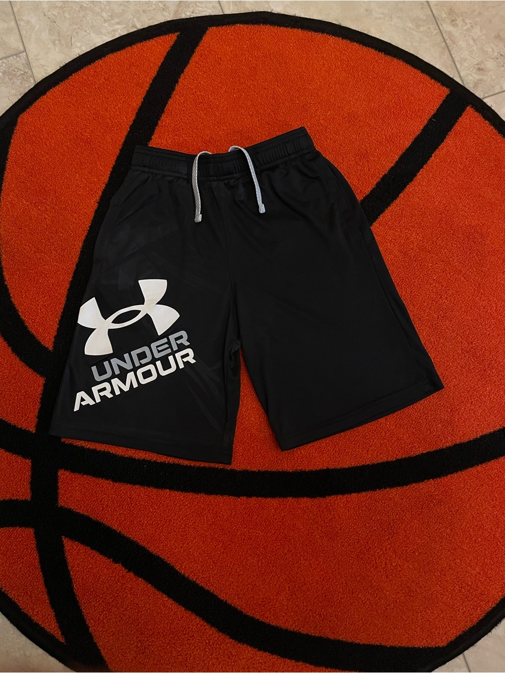 Under Armour Black Athletic Shorts with White Logo- Small Boys